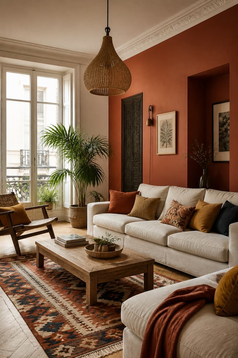 Salon bohème lumineux avec mur terracotta, canapé en lin écru, coussins rouille et tapis berbère