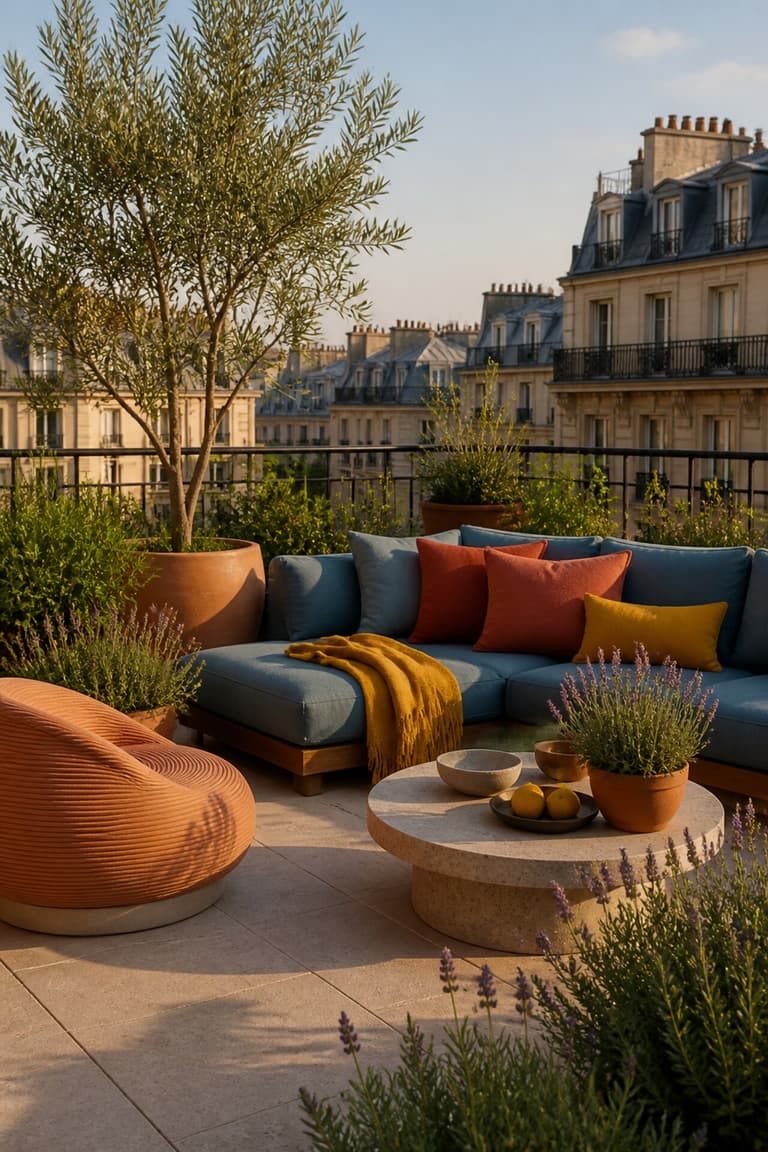 Terrasse parisienne avec canapé bleu, coussins jaunes et corail, fauteuil rond et plantes méditerranéennes