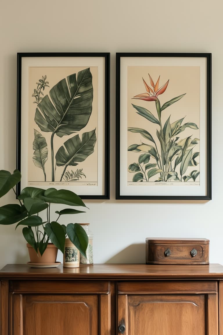 Affiches botaniques encadrées au-dessus d’un meuble en bois avec une plante tropicale