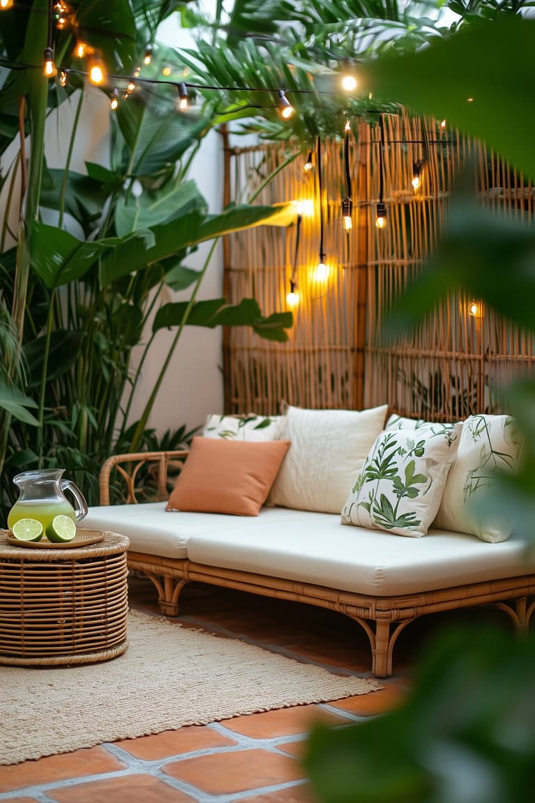 Chambre tropicale entourée de plantes vertes, claustra en rotin et guirlandes lumineuses