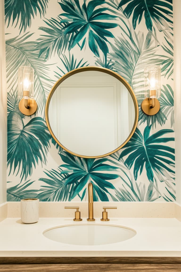Chambre tropicale avec tête de lit verte, coussins en velours et paysage de jungle mural