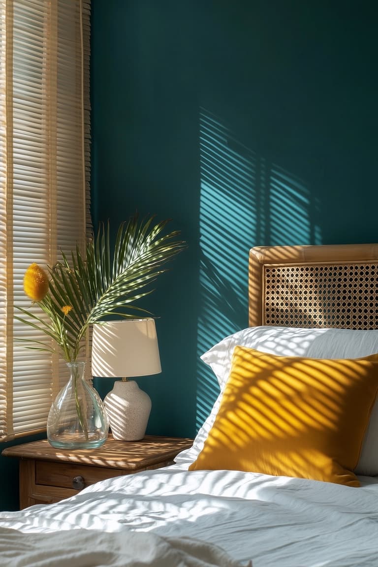 Chambre tropicale avec mur bleu profond, tête de lit en cannage, linge blanc et coussin jaune
