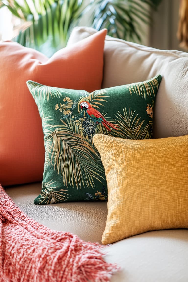 Coussins colorés avec motif de perroquet et feuillage tropical sur un canapé clair