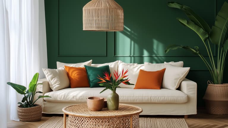Déco tropicale avec salle à manger en bois, suspensions en fibres naturelles et plantes vertes