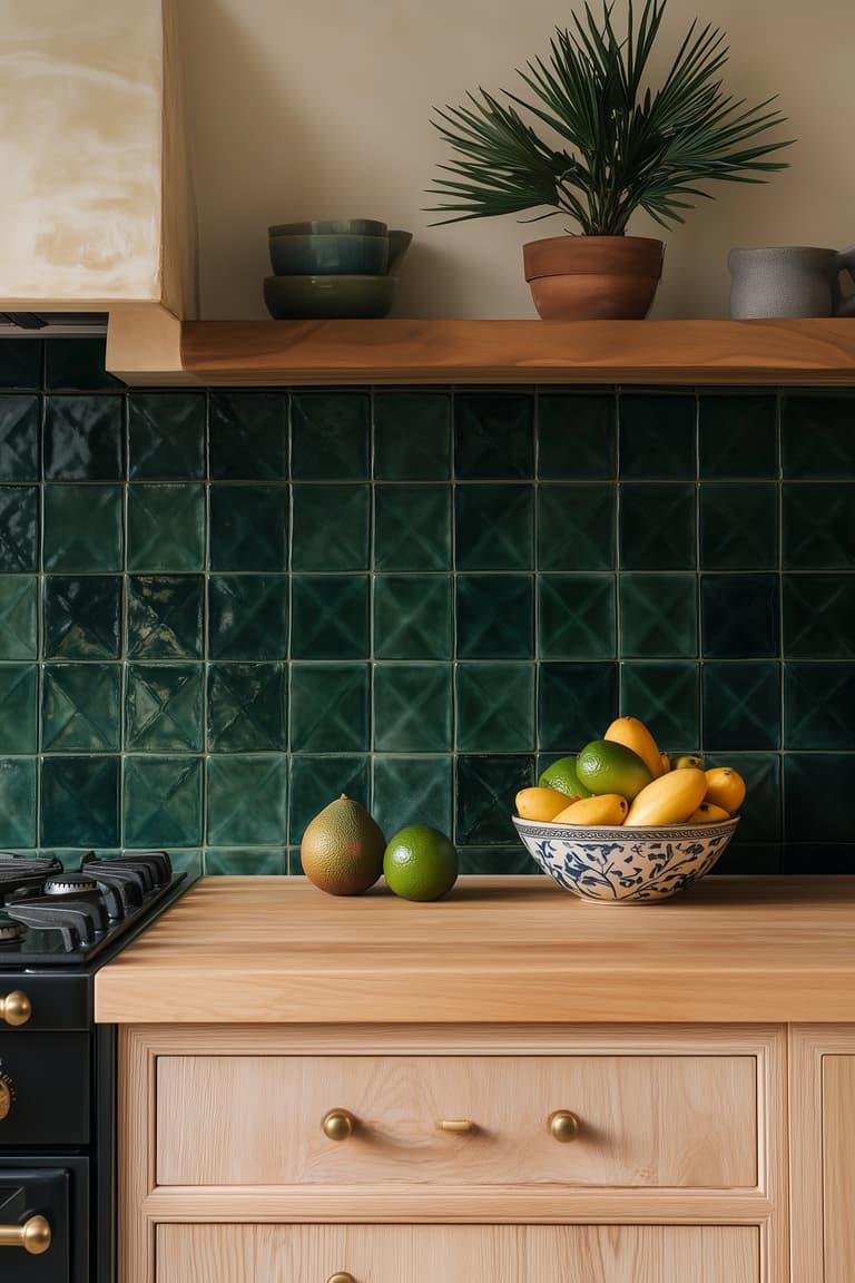 Cuisine avec crédence en carreaux verts brillants, étagère en bois, plante et fruits exotiques