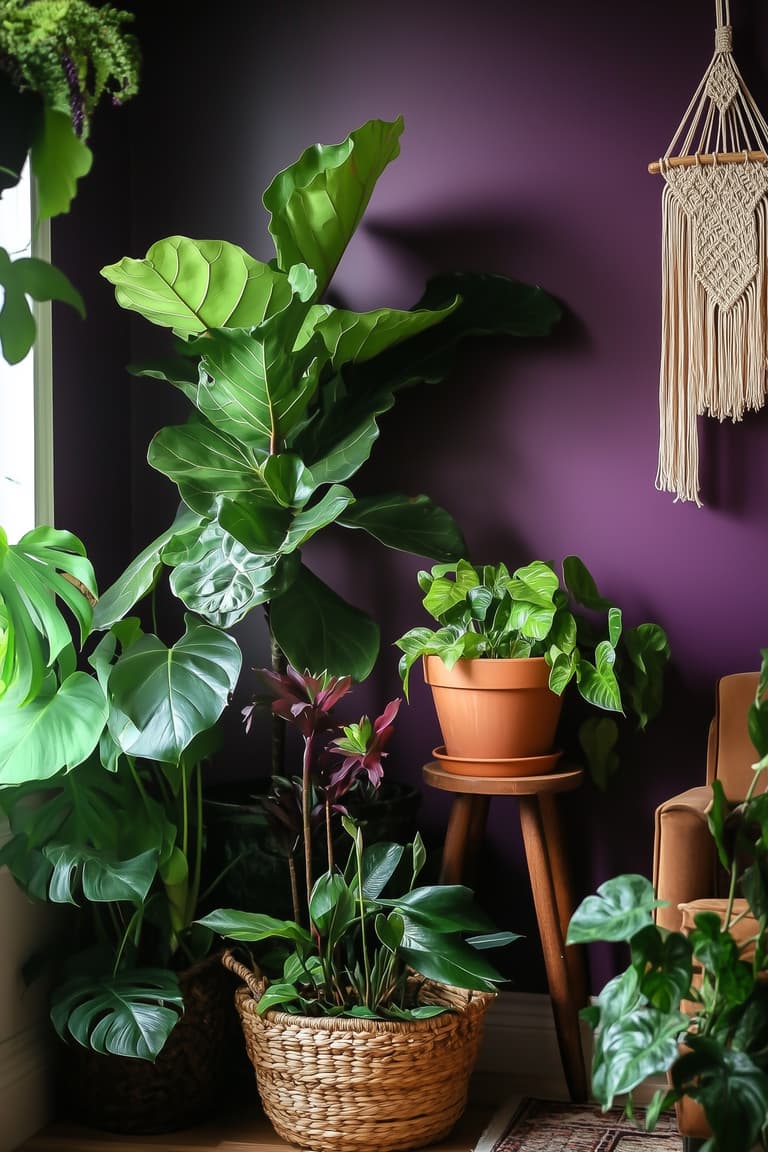 Accumulation de plantes tropicales en pots et panier tressé devant un mur prune