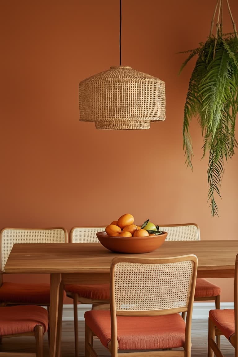 Salle à manger tropicale avec table en bois, chaises en cannage, suspension en rotin et mur terracotta