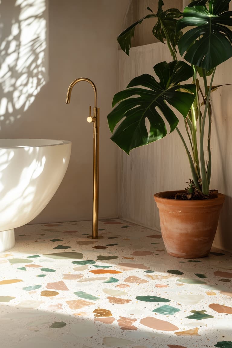 Salle de bains naturelle avec vasque blanche, robinet doré et grande feuille de monstera