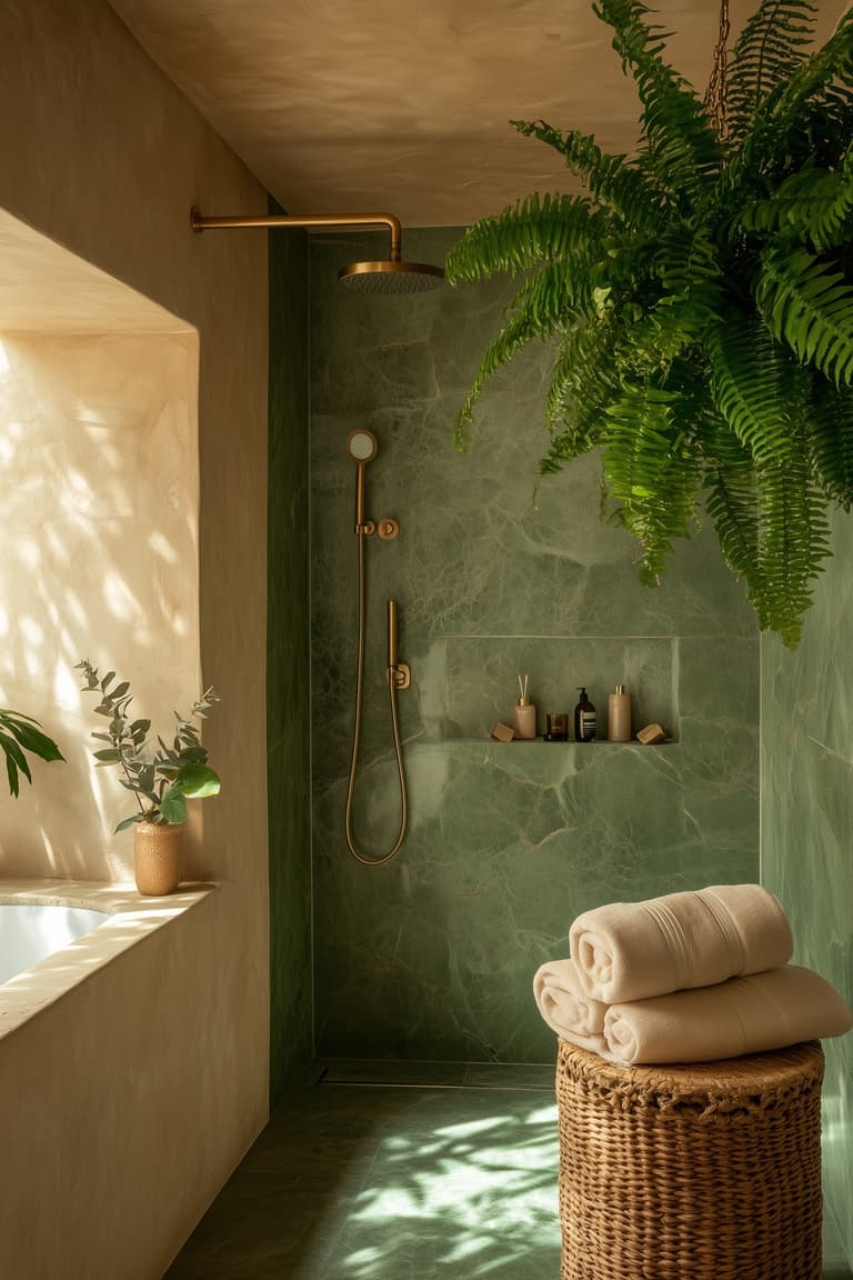 Salle de bains avec papier peint tropical bleu et vert, miroir rond et appliques dorées