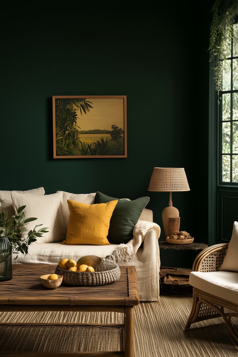 Salon chaleureux avec mur vert foncé, canapé clair, coussins jaunes et mobilier en rotin