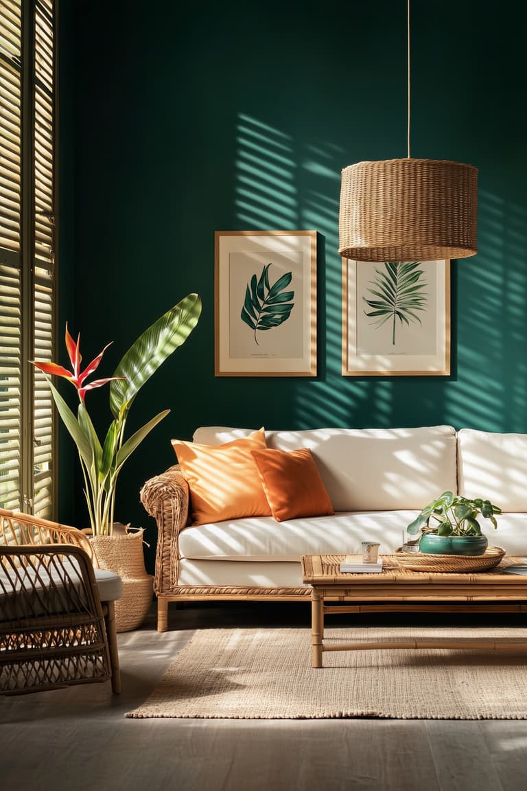 Salon avec canapé blanc, mur vert profond, coussins orange et lampe en fibres naturelles