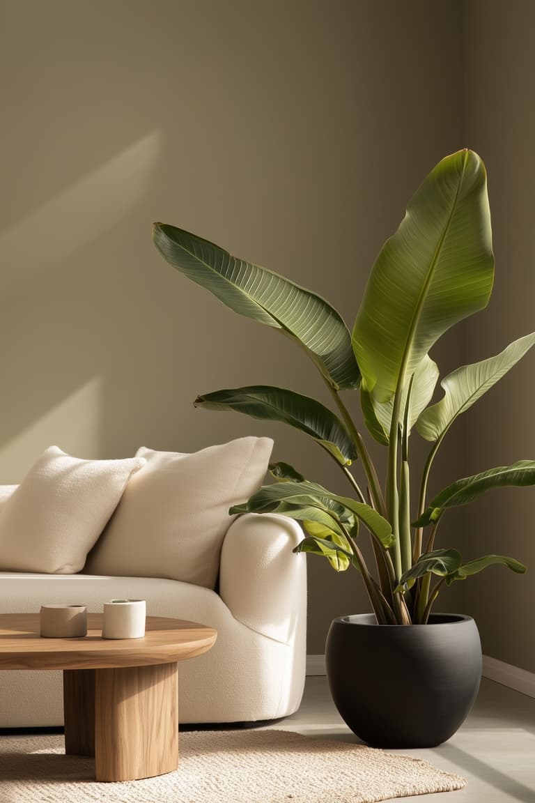 Salon lumineux avec canapé blanc, plante bananier, table basse en bois et mur vert olive