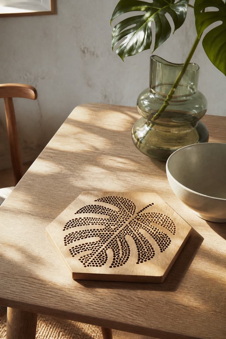 Dessous de plat en bois avec un motif de feuille de monstera sur une table en chêne