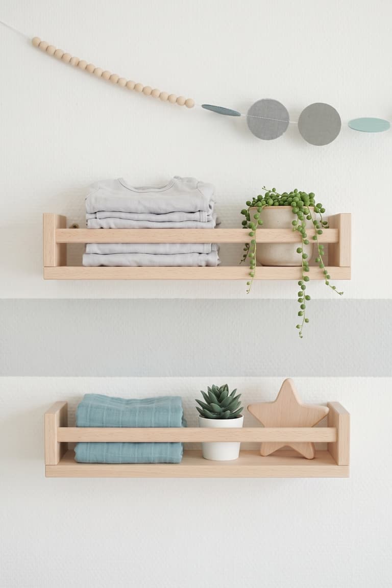 Deux étagères BEKVÄM en bois dans une chambre de bébé avec linge plié et plante verte