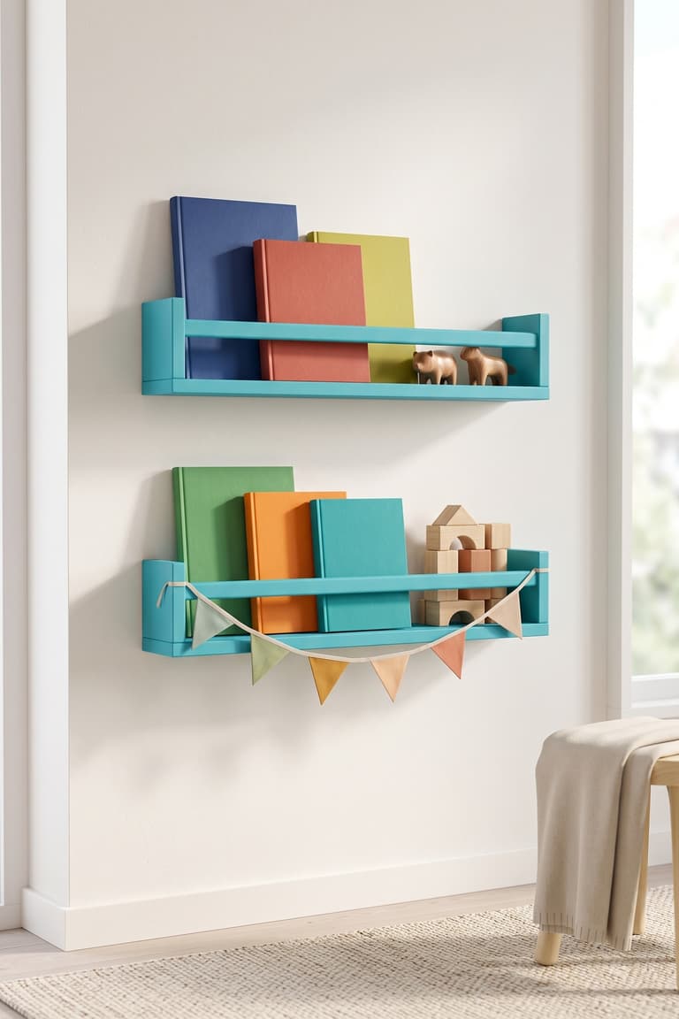 Deux étagères BEKVÄM turquoise pour ranger livres et jouets dans une chambre d’enfant
