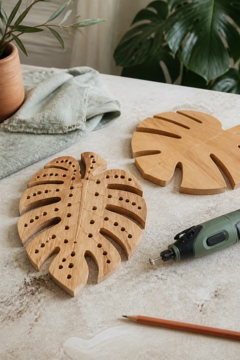 DIY dessous de plat en bois avec outil multifonction et planche en cours de réalisation