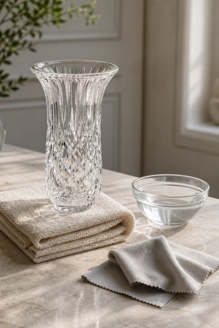 Nettoyage délicat d’un vase en cristal avec une microfibre et de l’eau tiède