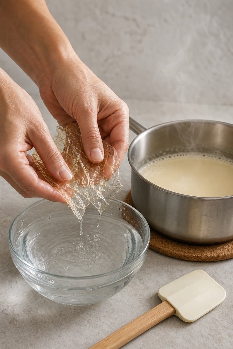 Deux mains essorent des feuilles de gélatine souples au-dessus d’un bol avant de les incorporer à la crème chaude