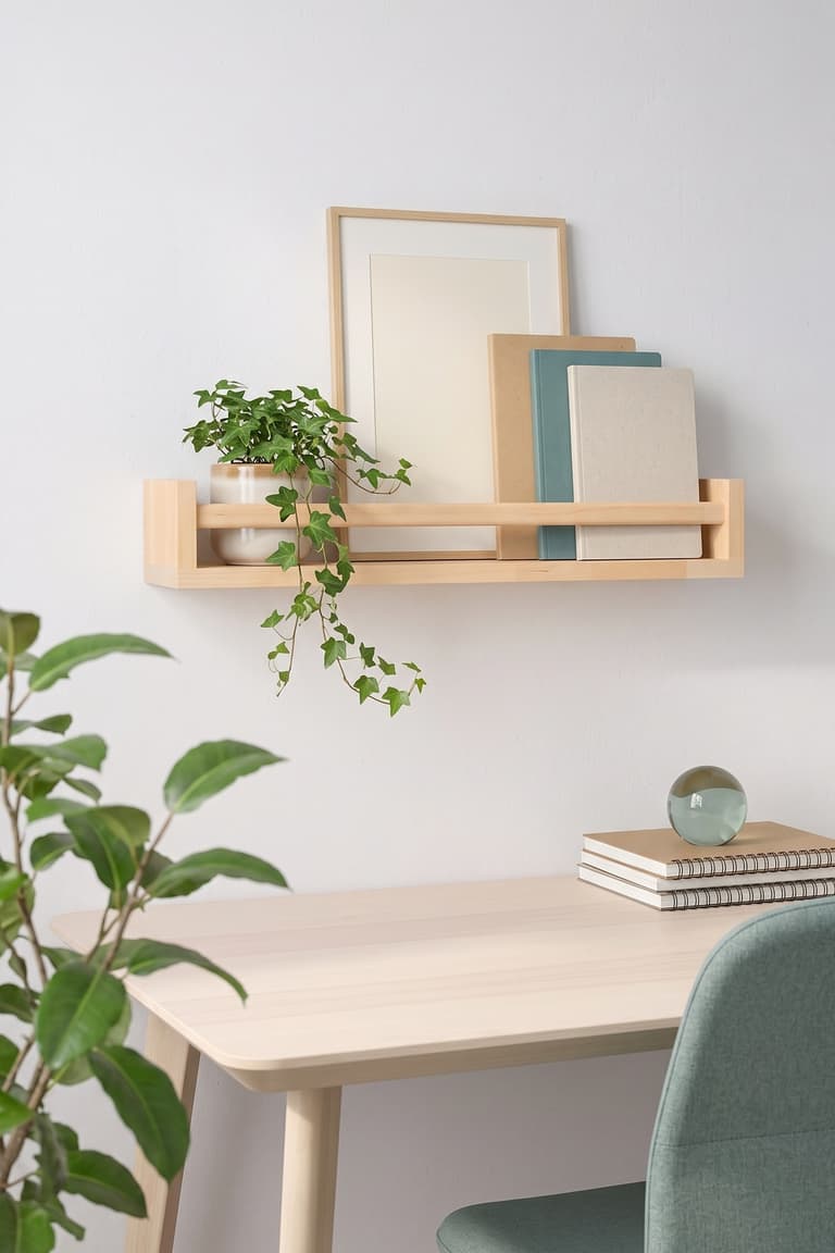 Étagère BEKVÄM avec plante et cadres au-dessus d’un bureau lumineux