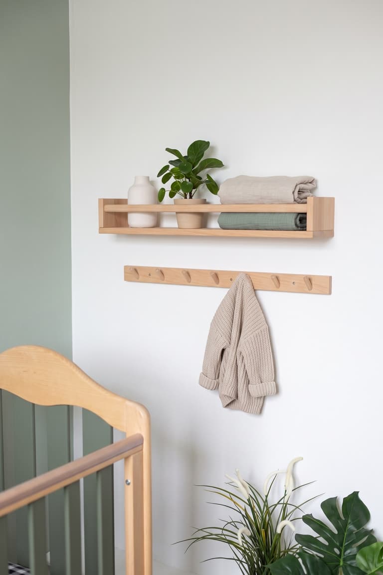 Étagère BEKVÄM en bois dans une chambre de bébé avec plantes et vêtements en tons naturels