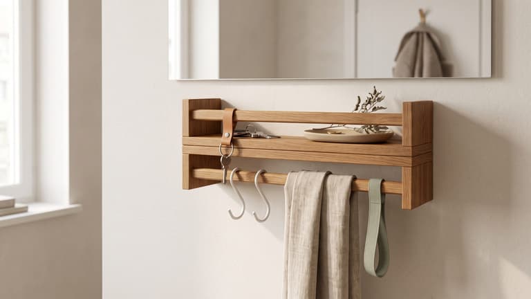 Étagère BEKVÄM détournée en rangement d’entrée avec miroir, clés et accessoires en bois naturel