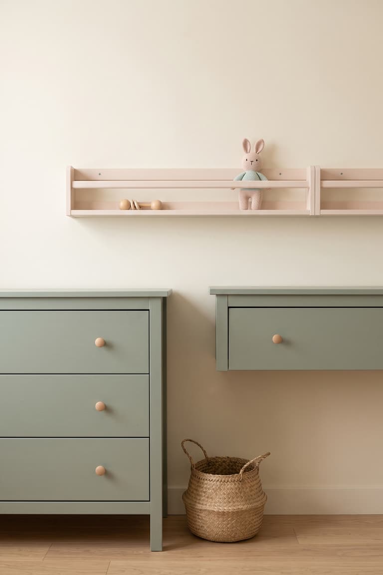 Étagère BEKVÄM rose poudré au-dessus d’une commode vert sauge dans une chambre d’enfant