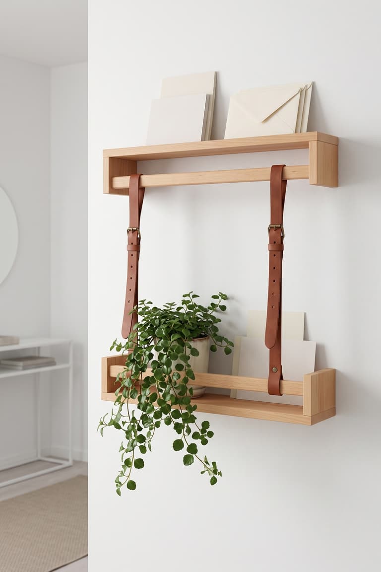 Étagère BEKVÄM transformée en support mural pour plante et courrier avec lanières en cuir