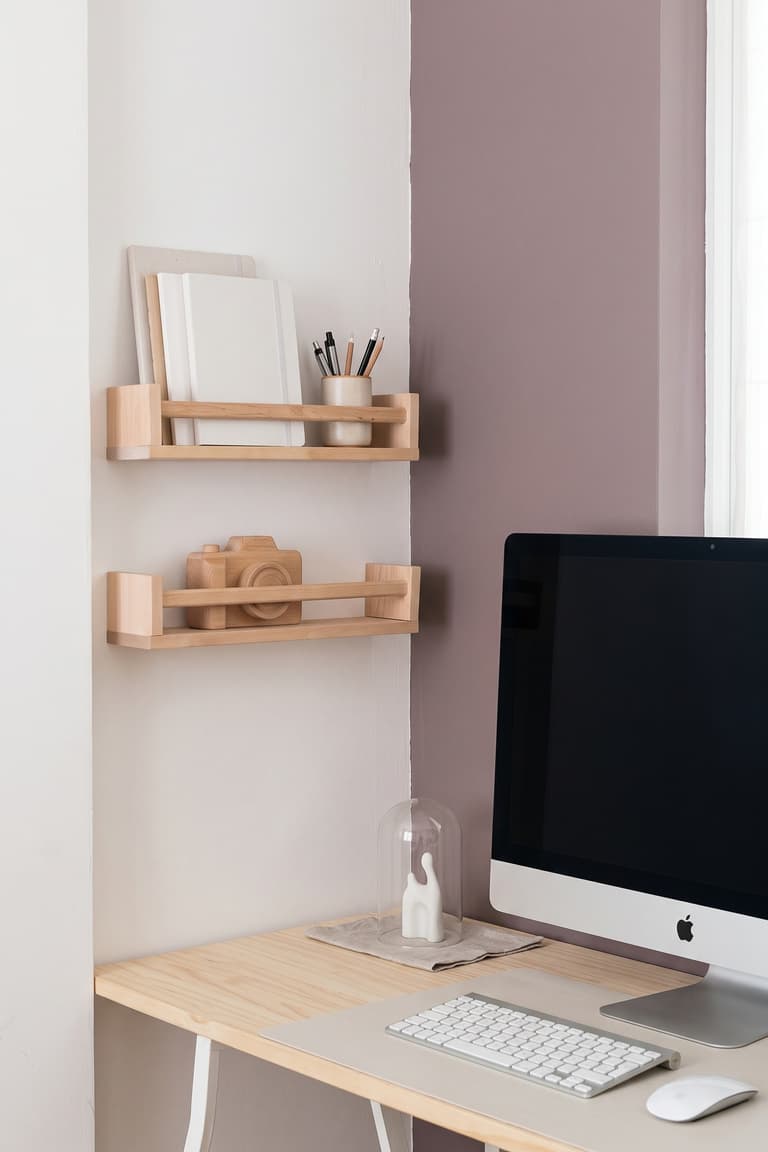 Étagères BEKVÄM à côté d’un bureau avec cadres et accessoires de travail