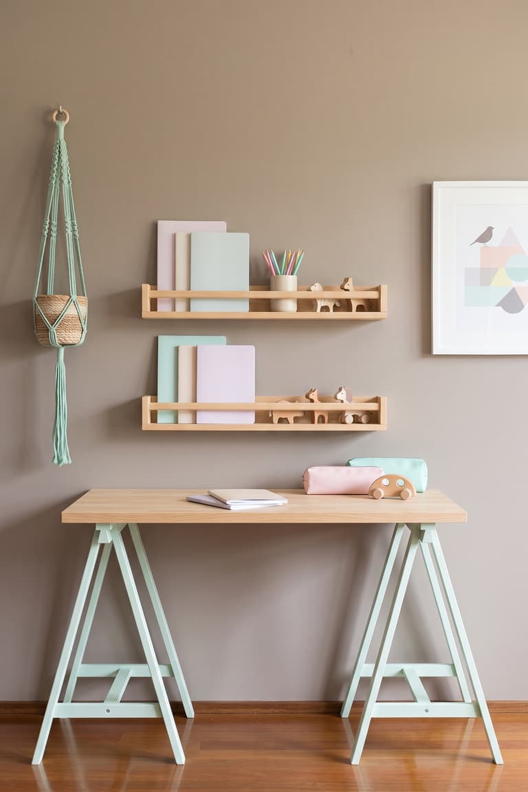 Étagères BEKVÄM au-dessus d’un bureau d’enfant avec fournitures pastel
