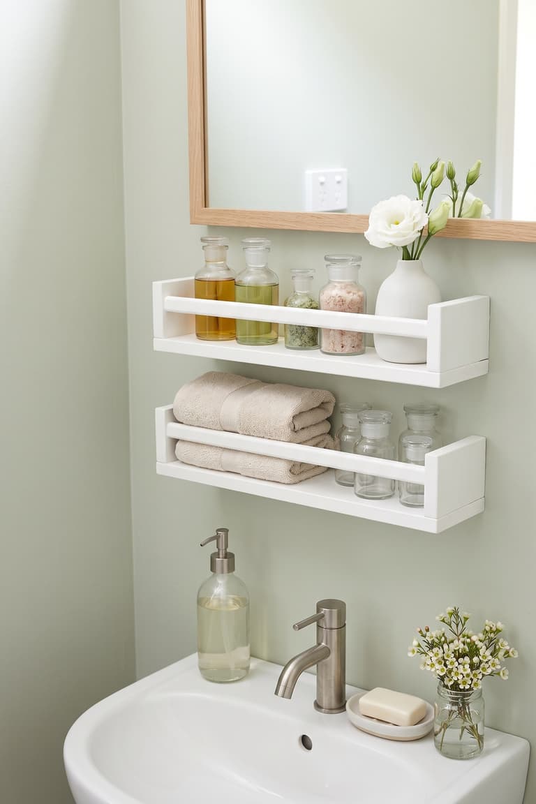 Étagères BEKVÄM blanches pour ranger serviettes et produits dans une salle de bain