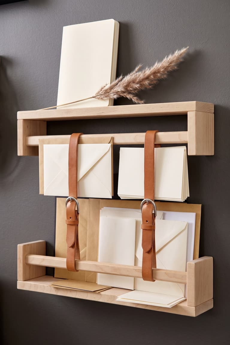 Étagères BEKVÄM transformées en rangement pour courrier avec lanières en cuir