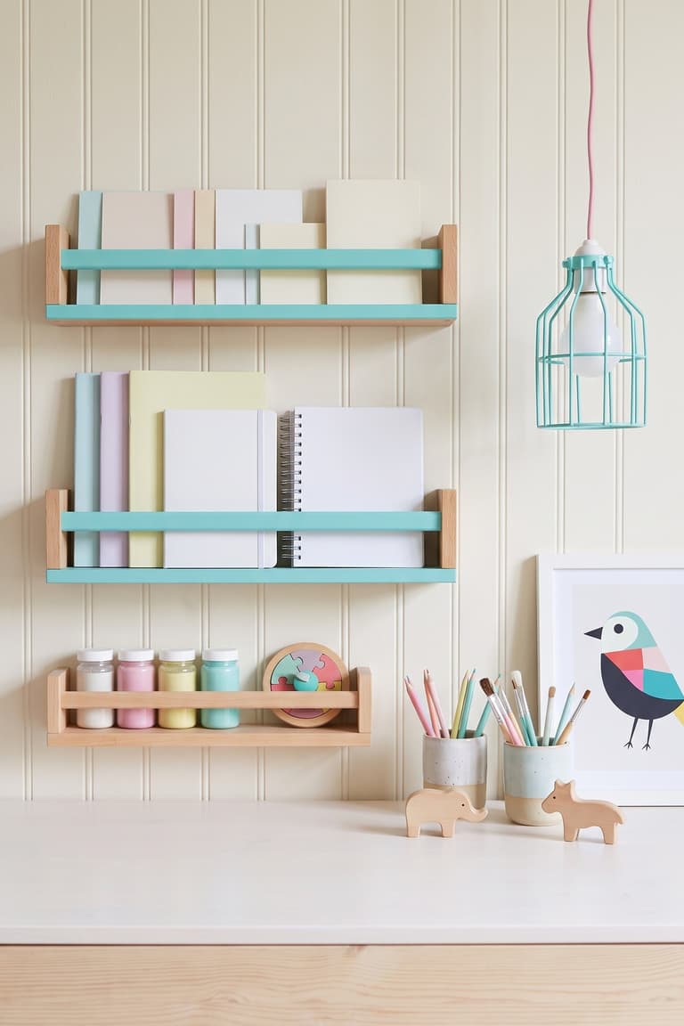 Étagères BEKVÄM turquoise au-dessus d’un bureau créatif pour enfant