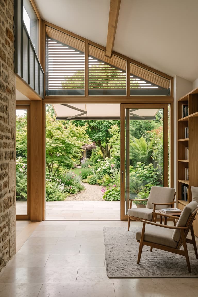 extension de maison ouverte sur le jardin avec grandes fenêtres et protection solaire