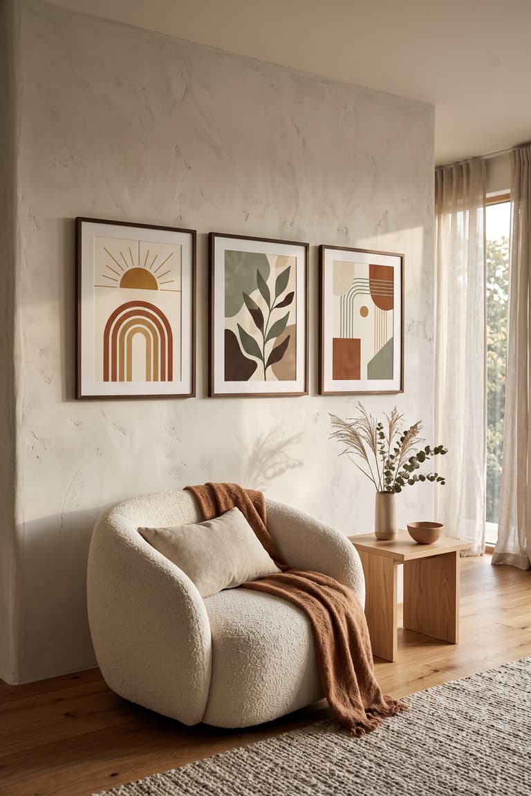 Fauteuil écru et affiches abstraites aux couleurs naturelles dans un salon lumineux