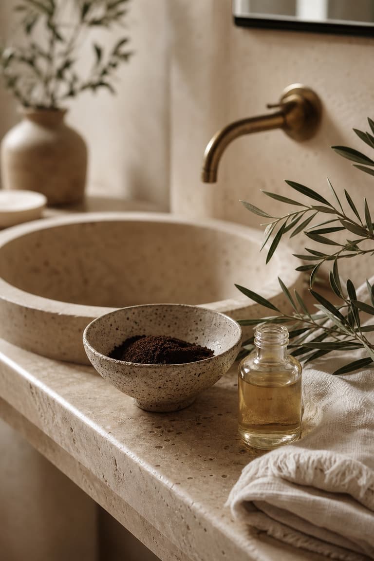 Salle de bain en pierre avec bol de marc de café sec, huile végétale et linge en lin
