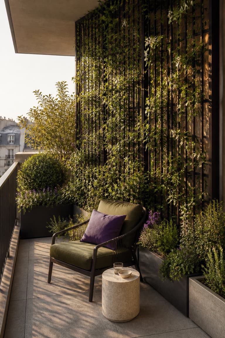 Grand balcon avec mur végétal et treillis de plantes grimpantes