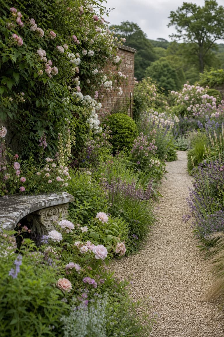 Jardin anglais avec chemin sinueux et massifs fleuris