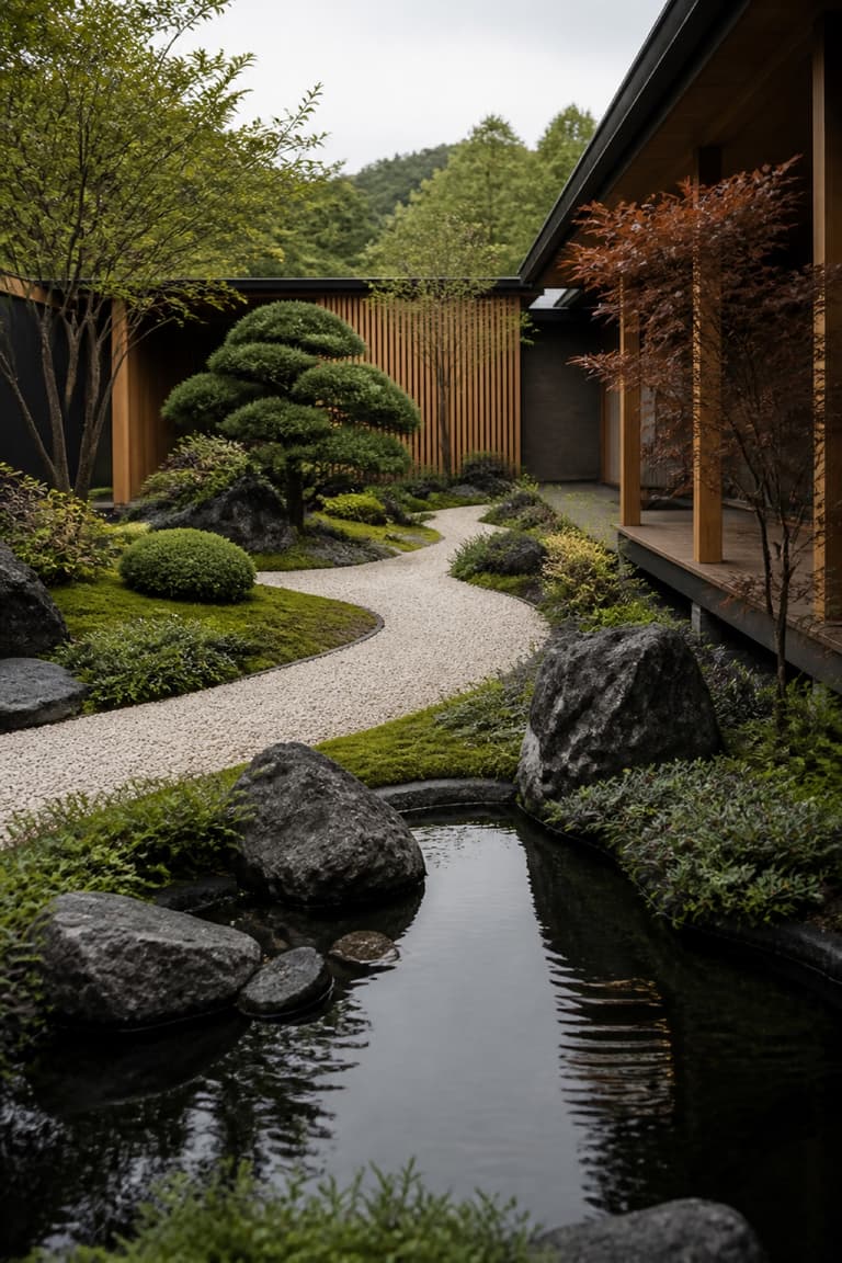 Grand jardin japonais avec bassin, graminées et arbres sculptés