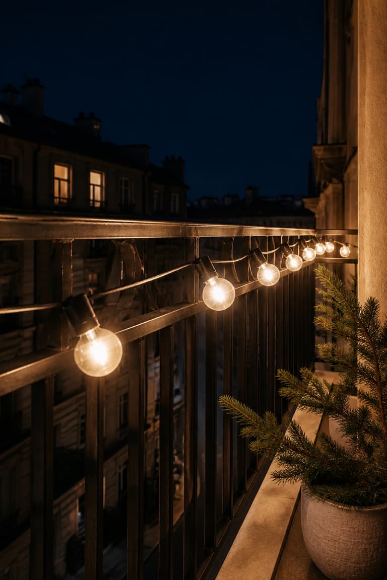 Guirlande d'ampoules blanc chaud fixée sur le garde-corps d'un petit balcon de ville
