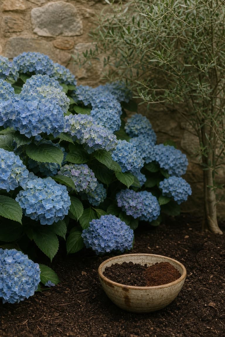 Hortensias bleus dans un jardin français avec terre, compost et une coupelle de marc de café