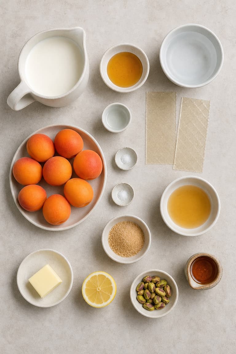Crème, miel, gélatine, fleur d’oranger, huit abricots, beurre, citron, cassonade et pistaches pour la panna cotta