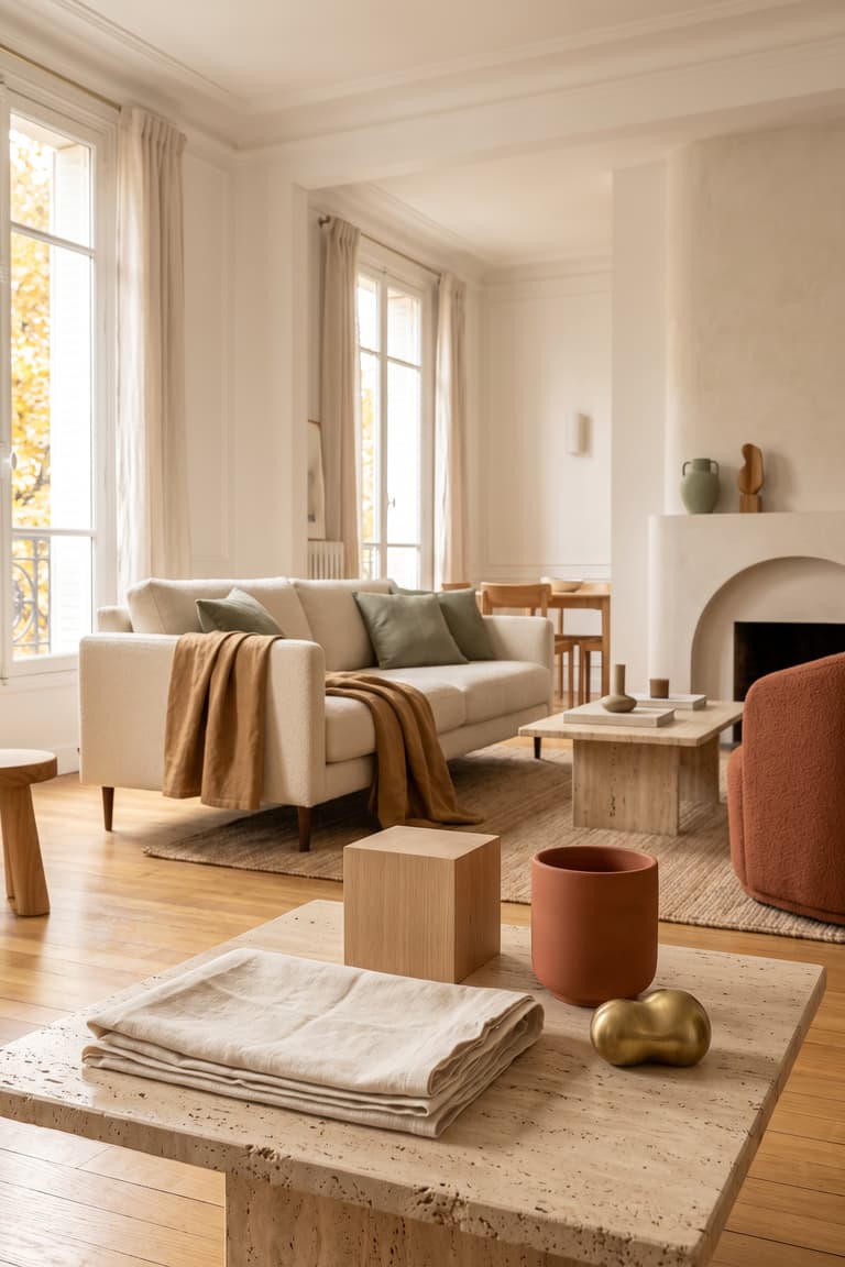 Inspiration déco automnale dans un salon contemporain avec matières naturelles