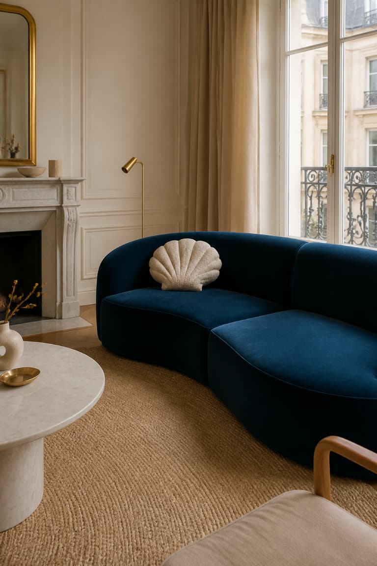 salon parisien avec canapé arrondi bleu pétrole, coussin coquillage, tapis beige, marbre blanc et détails dorés
