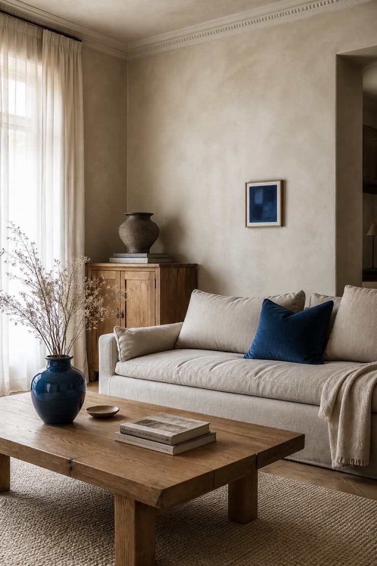 salon beige avec coussin bleu, vase bleu et tableau bleu répétés dans une décoration en bois naturel