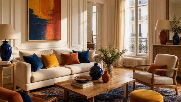 salon parisien lumineux avec canapé beige, coussins bleu marine, jaune moutarde et terracotta, tapis coloré et moulures