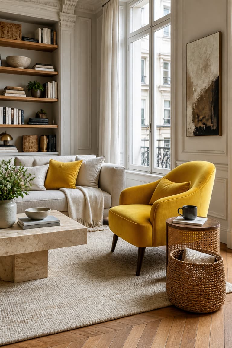 salon parisien avec fauteuil jaune moutarde, canapé clair, rotin, bois, lin et table basse en pierre
