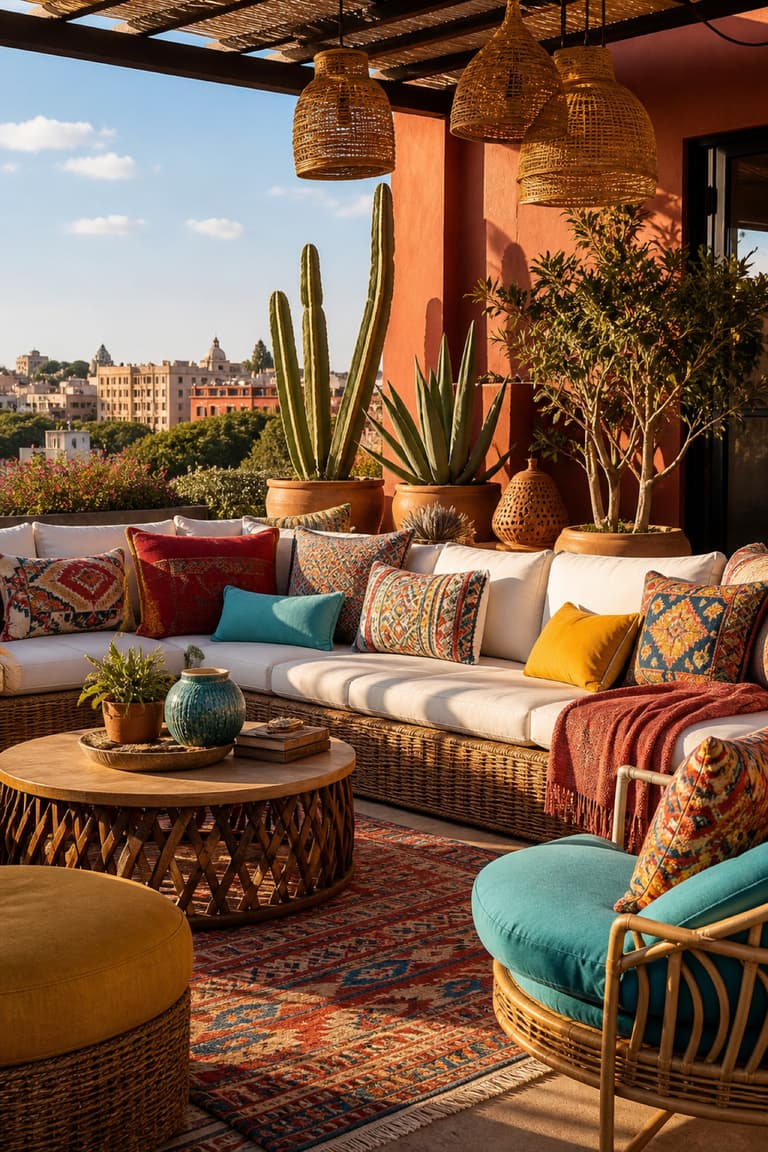 terrasse colorée avec coussins à motifs, cactus, fauteuil en rotin, tapis et murs terracotta