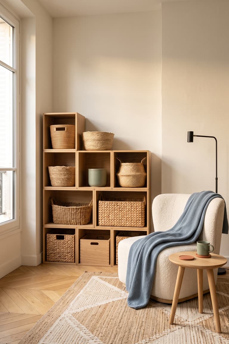 Intérieur modulable avec rangement en bois et espace salon évolutif