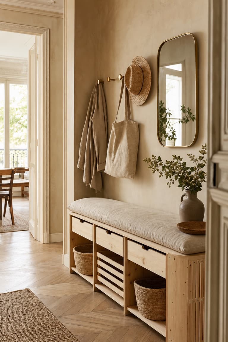 Meuble IVAR en pin transformé en banquette d’entrée avec coussin, tiroirs et paniers de rangement.