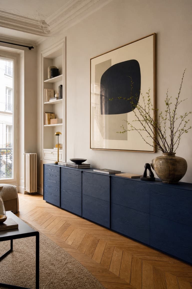 Composition basse de meubles IVAR peints en bleu nuit dans un salon avec parquet et moulures.